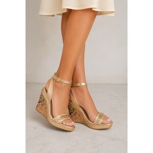 Coach Floral Cork Wedge Sandals Gold Leather Chain Accent Ankle Strap Size 8B